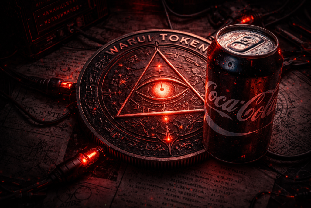 WARUIトークンとコーラ缶が並ぶサイバーパンク風の象徴的イメージ